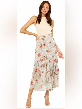 New Size XS MISA LOS ANGELES TIA blue floral ruffled asymmetrical chiffon skirt